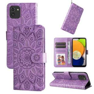 For Samsung Galaxy A03 EU 166mm Embossed Sunflower Leather Phone Case(Purple)
