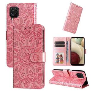 For Samsung Galaxy A12 4G / 5G Embossed Sunflower Leather Phone Case(Pink)