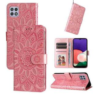 For Samsung Galaxy A22 5G Embossed Sunflower Leather Phone Case(Pink)