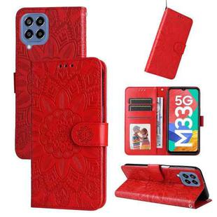 For Samsung Galaxy M33 5G Global Embossed Sunflower Leather Phone Case(Red)