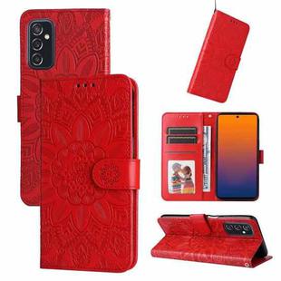 For Samsung Galaxy M52 5G Embossed Sunflower Leather Phone Case(Red)