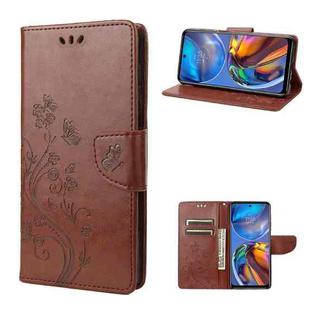 For Motorola Moto E32 Butterfly Flower Pattern Horizontal Flip Leather Phone Case with Card Slot & Holder(Brown)