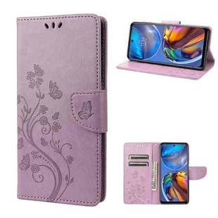 For Motorola Moto E32 Butterfly Flower Pattern Horizontal Flip Leather Phone Case with Card Slot & Holder(Light Purple)