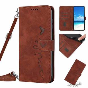 For Samsung Galaxy A03s 166mm Skin Feel Heart Pattern Leather Phone Case With Lanyard(Brown)