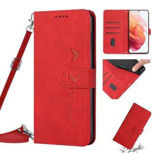 For Samsung Galaxy S21 Skin Feel Heart Pattern Leather Phone Case With Lanyard(Red)