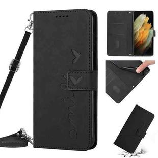 For Samsung Galaxy S21 Ultra Skin Feel Heart Pattern Leather Phone Case With Lanyard(Black)