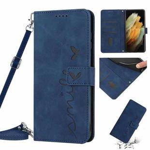 For Samsung Galaxy S21 Ultra Skin Feel Heart Pattern Leather Phone Case With Lanyard(Blue)
