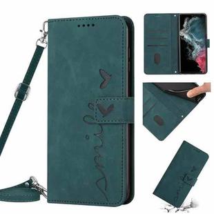 For Samsung Galaxy S22 Ultra Skin Feel Heart Pattern Leather Phone Case With Lanyard(Green)
