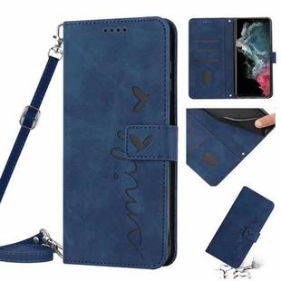 For Samsung Galaxy S22 Ultra Skin Feel Heart Pattern Leather Phone Case With Lanyard(Blue)
