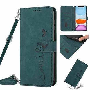 For iPhone 11 Skin Feel Heart Pattern Leather Phone Case With Lanyard (Green)