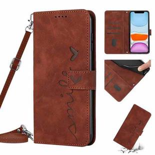 For iPhone 11 Skin Feel Heart Pattern Leather Phone Case With Lanyard (Brown)