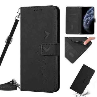 For iPhone 11 Pro Skin Feel Heart Pattern Leather Phone Case With Lanyard (Black)