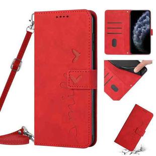 For iPhone 11 Pro Skin Feel Heart Pattern Leather Phone Case With Lanyard (Red)