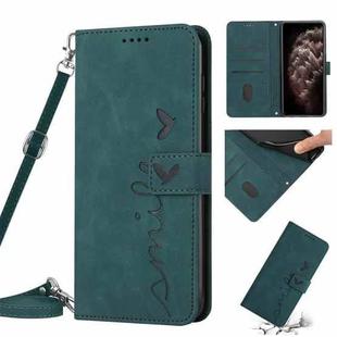 For iPhone 11 Pro Max Skin Feel Heart Pattern Leather Phone Case With Lanyard (Green)