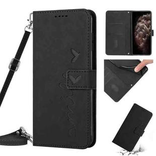For iPhone 11 Pro Max Skin Feel Heart Pattern Leather Phone Case With Lanyard (Black)