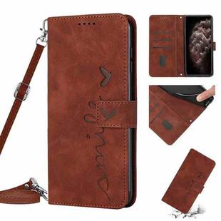 For iPhone 11 Pro Max Skin Feel Heart Pattern Leather Phone Case With Lanyard (Brown)