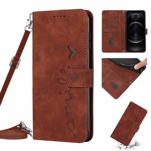 For iPhone 12 / 12 Pro Skin Feel Heart Pattern Leather Phone Case with Lanyard(Brown)