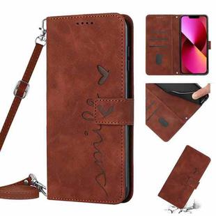 For iPhone 13 Skin Feel Heart Pattern Leather Phone Case With Lanyard(Brown)