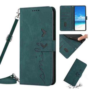 For iPhone XR Skin Feel Heart Pattern Leather Phone Case With Lanyard(Green)