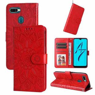 For OPPO A7 / A5s Embossed Sunflower Leather Phone Case(Red)
