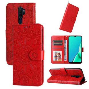 For OPPO A9 / A5 2020 Embossed Sunflower Leather Phone Case(Red)