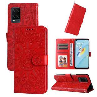 For OPPO A54 4G / A16 / A16s / A55 4G Embossed Sunflower Leather Phone Case(Red)