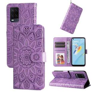 For OPPO A54 4G / A16 / A16s / A55 4G Embossed Sunflower Leather Phone Case(Purple)