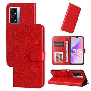 For OPPO A57 5G / Realme V23 Embossed Sunflower Leather Phone Case(Red)
