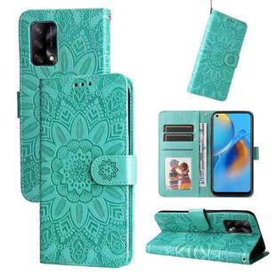 For OPPO A74 4G / F19 4G / A95 4G Embossed Sunflower Leather Phone Case(Green)