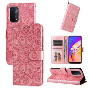 For OPPO A74 5G / A54 5G Embossed Sunflower Leather Phone Case(Rose Gold)