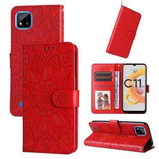 For OPPO Realme C11 2021 / C20 Embossed Sunflower Leather Phone Case(Red)