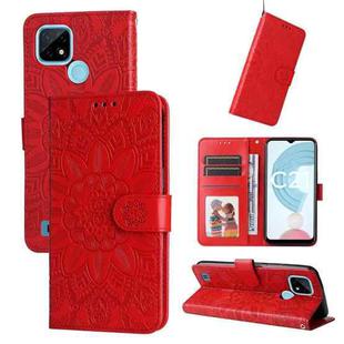 For OPPO Realme C21 / C21Y Embossed Sunflower Leather Phone Case(Red)