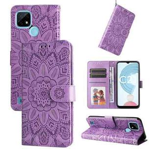 For OPPO Realme C21 / C21Y Embossed Sunflower Leather Phone Case(Purple)