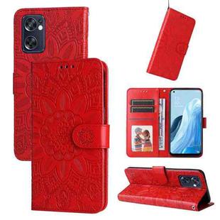 For OPPO Reno7 SE Embossed Sunflower Leather Phone Case(Red)