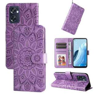 For OPPO Reno7 SE Embossed Sunflower Leather Phone Case(Purple)