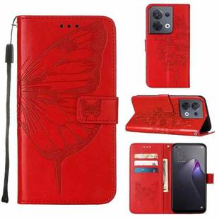 For OPPO Reno8 Embossed Butterfly Flip Leather Phone Case(Red)