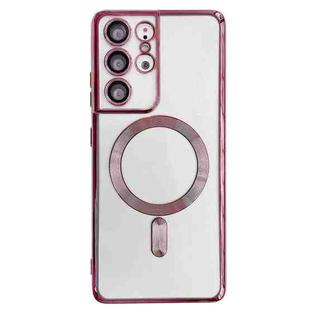 For Samsung Galaxy S21 Ultra 5G Electroplated Frame MagSafe Magnetic Phone Case(Dark Pink)