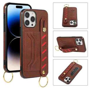 For iPhone 14 Pro Max Wristband Wallet Leather Phone Case (Brown)