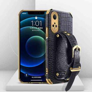 For Honor X7 Electroplated TPU Crocodile Pattern Leather Case with Wrist Strap(Black)