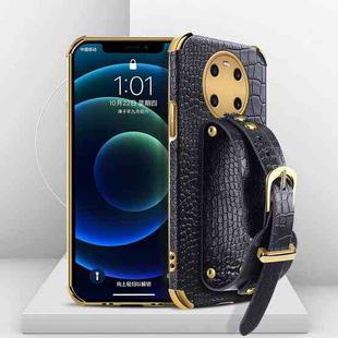 For Honor X9 Electroplated TPU Crocodile Pattern Leather Case with Wrist Strap(Black)