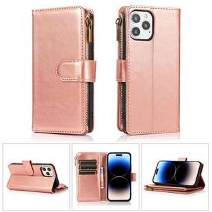 For iPhone 14 Pro Max Multifunctional 9 Card Slots Leather Case (Rose Gold)