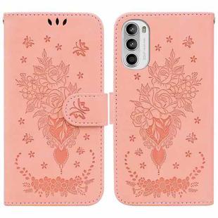 For Motorola Moto G62 5G Butterfly Rose Embossed Leather Phone Case(Pink)