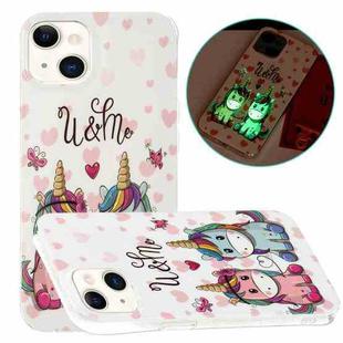 For iPhone 14 Luminous TPU Soft Phone Case (Couple Unicorn)