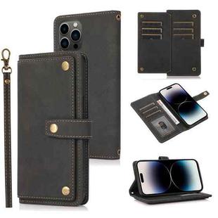 For iPhone 14 Pro Max Lanyard Leather Phone Case (Black)