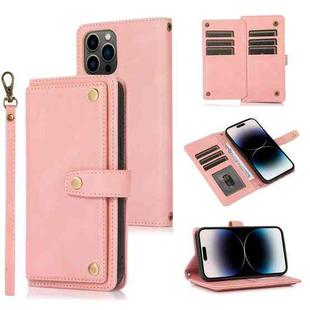 For iPhone 14 Pro Max Lanyard Leather Phone Case (Pink)