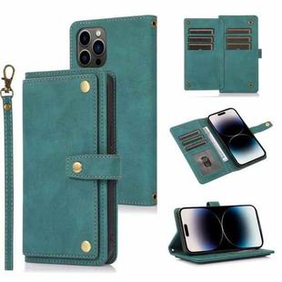 For iPhone 14 Pro Max Lanyard Leather Phone Case (Lake Blue)