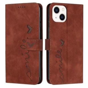 For iPhone 14 Plus Skin Feel Heart Pattern Leather Phone Case (Brown)