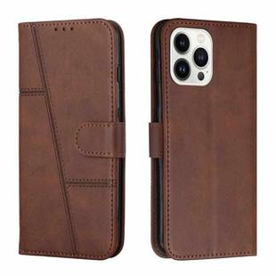 For iPhone 14 Pro Max Stitching Calf Texture Buckle Leather Phone Case (Brown)