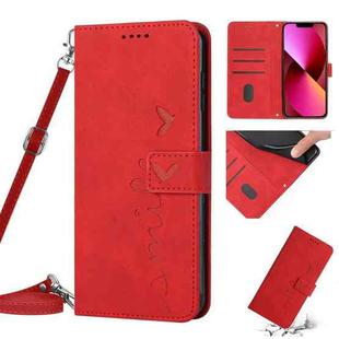 For iPhone 14 Skin Feel Heart Pattern Leather Phone Case With Lanyard (Red)