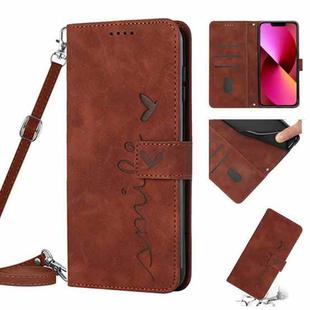 For iPhone 14 Plus Skin Feel Heart Pattern Leather Phone Case With Lanyard (Brown)